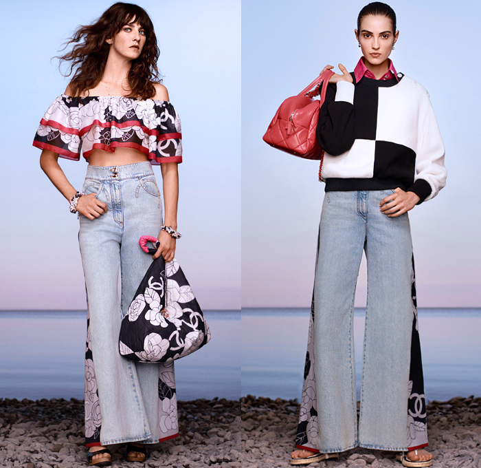 Chanel 2021 Resort Cruise Pre-Spring Womens Lookbook Presentation - Balade en Méditerranée - Virginie Viard - Crop Top Midriff Bandeau Swimwear Strapless Ruffles Tiered Draped Flowers Floral Knit Braid Crochet Sweater Cardigan Tweed Blazer Bedazzled Sequins Dip-Dye Typography Scarf Pearls Cuffs Halterneck Check Sheer Chiffon Wrap Blouse Pantsuit Dress Lace Cutwork Shirtdress Wide Leg Flare Denim Jeans Patchwork Culottes Shorts Hotpants Handbag Tote Sandals Sunglasses