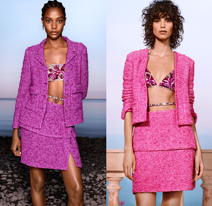 Chanel 2021 Resort Cruise Pre-Spring Womens Lookbook Presentation - Balade en Méditerranée - Virginie Viard - Crop Top Midriff Bandeau Swimwear Strapless Ruffles Tiered Draped Flowers Floral Knit Braid Crochet Sweater Cardigan Tweed Blazer Bedazzled Sequins Dip-Dye Typography Scarf Pearls Cuffs Halterneck Check Sheer Chiffon Wrap Blouse Pantsuit Dress Lace Cutwork Shirtdress Wide Leg Flare Denim Jeans Patchwork Culottes Shorts Hotpants Handbag Tote Sandals Sunglasses