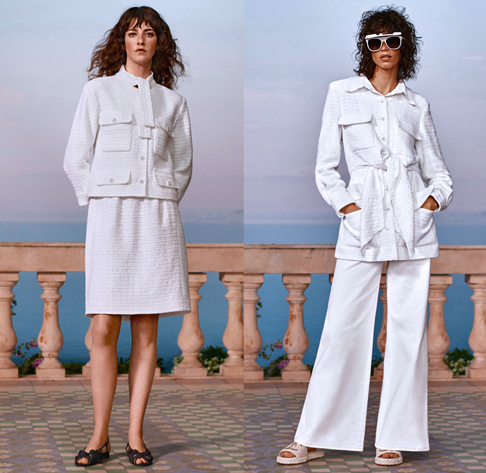 Chanel 2021 Resort Cruise Pre-Spring Womens Lookbook Presentation - Balade en Méditerranée - Virginie Viard - Crop Top Midriff Bandeau Swimwear Strapless Ruffles Tiered Draped Flowers Floral Knit Braid Crochet Sweater Cardigan Tweed Blazer Bedazzled Sequins Dip-Dye Typography Scarf Pearls Cuffs Halterneck Check Sheer Chiffon Wrap Blouse Pantsuit Dress Lace Cutwork Shirtdress Wide Leg Flare Denim Jeans Patchwork Culottes Shorts Hotpants Handbag Tote Sandals Sunglasses