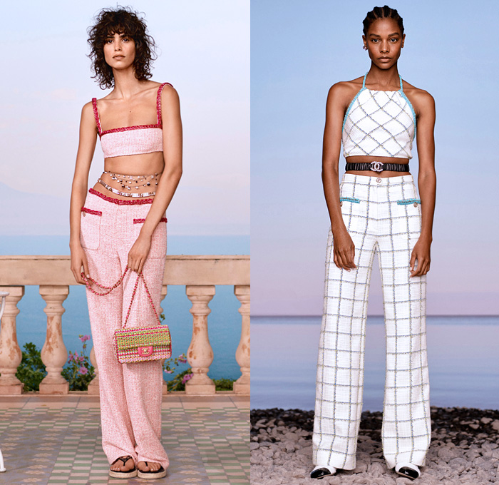 Chanel 2021 Resort Cruise Pre-Spring Womens Lookbook Presentation - Balade en Méditerranée - Virginie Viard - Crop Top Midriff Bandeau Swimwear Strapless Ruffles Tiered Draped Flowers Floral Knit Braid Crochet Sweater Cardigan Tweed Blazer Bedazzled Sequins Dip-Dye Typography Scarf Pearls Cuffs Halterneck Check Sheer Chiffon Wrap Blouse Pantsuit Dress Lace Cutwork Shirtdress Wide Leg Flare Denim Jeans Patchwork Culottes Shorts Hotpants Handbag Tote Sandals Sunglasses