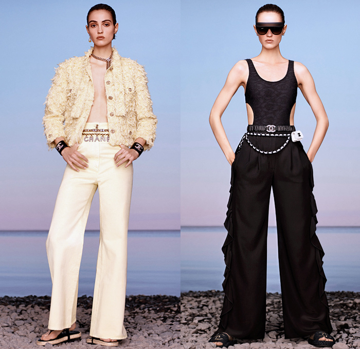 Chanel 2021 Resort Cruise Pre-Spring Womens Lookbook Presentation - Balade en Méditerranée - Virginie Viard - Crop Top Midriff Bandeau Swimwear Strapless Ruffles Tiered Draped Flowers Floral Knit Braid Crochet Sweater Cardigan Tweed Blazer Bedazzled Sequins Dip-Dye Typography Scarf Pearls Cuffs Halterneck Check Sheer Chiffon Wrap Blouse Pantsuit Dress Lace Cutwork Shirtdress Wide Leg Flare Denim Jeans Patchwork Culottes Shorts Hotpants Handbag Tote Sandals Sunglasses