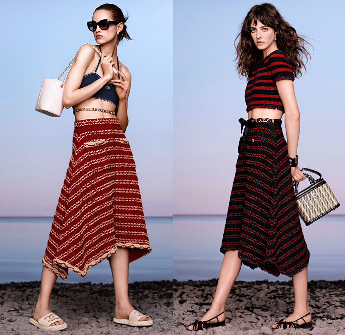 Chanel 2021 Resort Cruise Pre-Spring Womens Lookbook Presentation - Balade en Méditerranée - Virginie Viard - Crop Top Midriff Bandeau Swimwear Strapless Ruffles Tiered Draped Flowers Floral Knit Braid Crochet Sweater Cardigan Tweed Blazer Bedazzled Sequins Dip-Dye Typography Scarf Pearls Cuffs Halterneck Check Sheer Chiffon Wrap Blouse Pantsuit Dress Lace Cutwork Shirtdress Wide Leg Flare Denim Jeans Patchwork Culottes Shorts Hotpants Handbag Tote Sandals Sunglasses