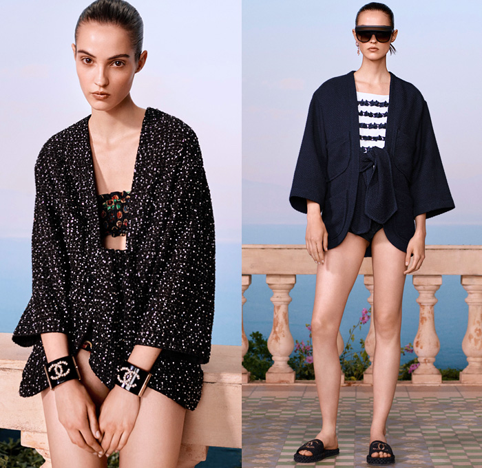 Chanel 2021 Resort Cruise Pre-Spring Womens Lookbook Presentation - Balade en Méditerranée - Virginie Viard - Crop Top Midriff Bandeau Swimwear Strapless Ruffles Tiered Draped Flowers Floral Knit Braid Crochet Sweater Cardigan Tweed Blazer Bedazzled Sequins Dip-Dye Typography Scarf Pearls Cuffs Halterneck Check Sheer Chiffon Wrap Blouse Pantsuit Dress Lace Cutwork Shirtdress Wide Leg Flare Denim Jeans Patchwork Culottes Shorts Hotpants Handbag Tote Sandals Sunglasses