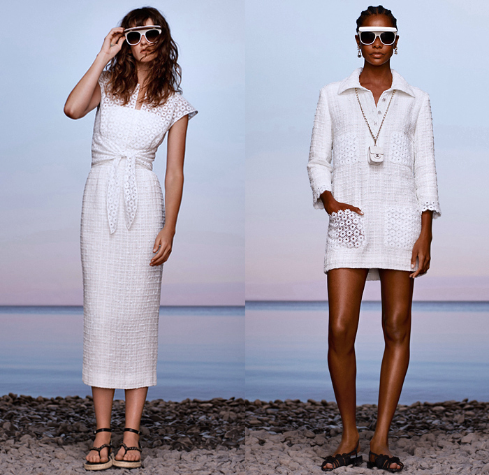 Chanel 2021 Resort Cruise Pre-Spring Womens Lookbook Presentation - Balade en Méditerranée - Virginie Viard - Crop Top Midriff Bandeau Swimwear Strapless Ruffles Tiered Draped Flowers Floral Knit Braid Crochet Sweater Cardigan Tweed Blazer Bedazzled Sequins Dip-Dye Typography Scarf Pearls Cuffs Halterneck Check Sheer Chiffon Wrap Blouse Pantsuit Dress Lace Cutwork Shirtdress Wide Leg Flare Denim Jeans Patchwork Culottes Shorts Hotpants Handbag Tote Sandals Sunglasses