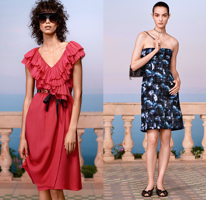 Chanel 2021 Resort Cruise Pre-Spring Womens Lookbook Presentation - Balade en Méditerranée - Virginie Viard - Crop Top Midriff Bandeau Swimwear Strapless Ruffles Tiered Draped Flowers Floral Knit Braid Crochet Sweater Cardigan Tweed Blazer Bedazzled Sequins Dip-Dye Typography Scarf Pearls Cuffs Halterneck Check Sheer Chiffon Wrap Blouse Pantsuit Dress Lace Cutwork Shirtdress Wide Leg Flare Denim Jeans Patchwork Culottes Shorts Hotpants Handbag Tote Sandals Sunglasses