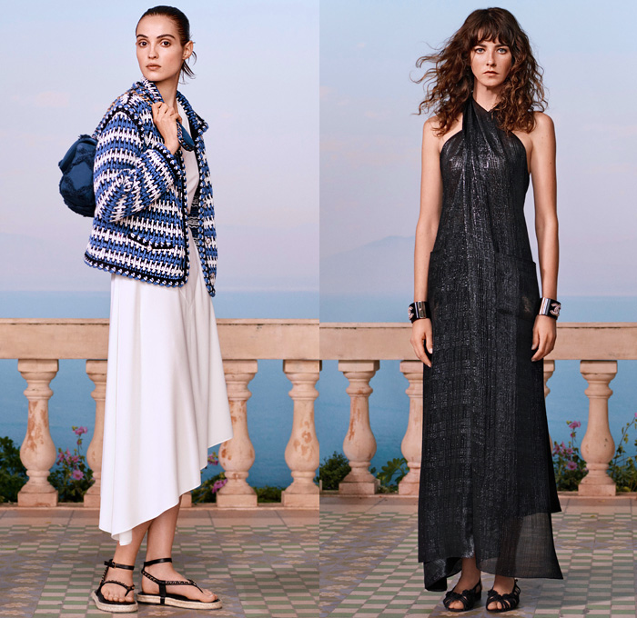 Chanel 2021 Resort Cruise Pre-Spring Womens Lookbook Presentation - Balade en Méditerranée - Virginie Viard - Crop Top Midriff Bandeau Swimwear Strapless Ruffles Tiered Draped Flowers Floral Knit Braid Crochet Sweater Cardigan Tweed Blazer Bedazzled Sequins Dip-Dye Typography Scarf Pearls Cuffs Halterneck Check Sheer Chiffon Wrap Blouse Pantsuit Dress Lace Cutwork Shirtdress Wide Leg Flare Denim Jeans Patchwork Culottes Shorts Hotpants Handbag Tote Sandals Sunglasses