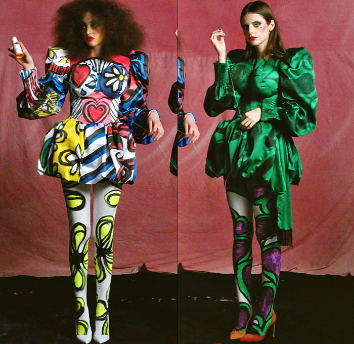 Charles de Vilmorin 2021 Spring Womens Lookbook Presentation - Haute Couture Avant Garde High Fashion - Niki de Saint Phalle Nanas Artwork Painting Flowers Floral Hearts Stripes Butterflies Faces Eyes Psychedelic Polka Dots Poufy Shoulders Puff Sleeves Leggings Tights Dress Bedazzled Crystals Fringes Head Scarf Bird Feathers Ribbons Accordion Pleats Quilted Puffer Colorblock Jacket Skirt Thigh High Boots Heels