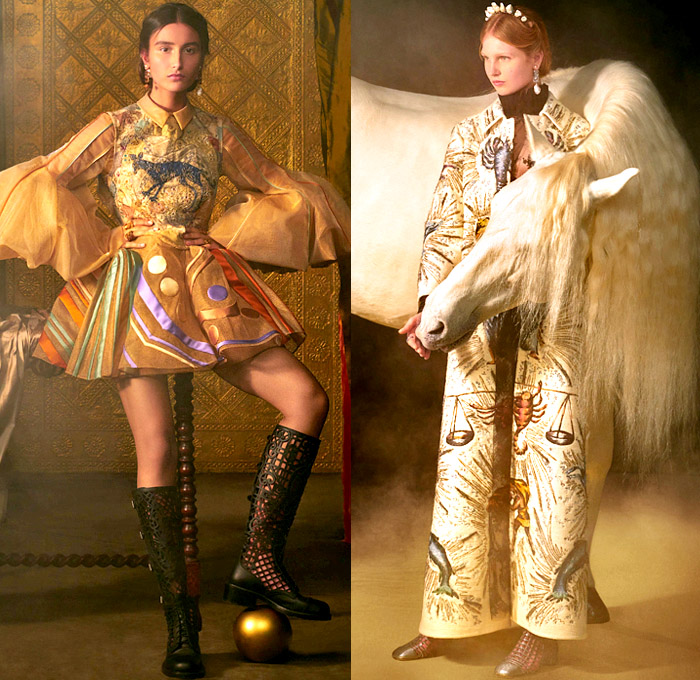 Christian Dior 2021 Spring Womens Collection - Haute Couture Avant Garde High Fashion - Tarot Cards Arcana Symbols 15th Century Visconti-Sforza Deck Bedazzled Trompe L'oeil Embroidery Rouleaux Tube Trim Sequins Beads Crystals Silk Satin Lamé Dévoré Velvet Chiffon Jacquard Brocade Tweed Gold Draped Chenille Sheer Tulle Gauze Latticework Vest Wide Sleeves Miniskirt Coat Robe Poncho Ruffles Cap Sleeve Wide Leg Dress Gown Flowers Fringes Pearls Pleats Beret Tiara Fishnet Veil Mesh Boots