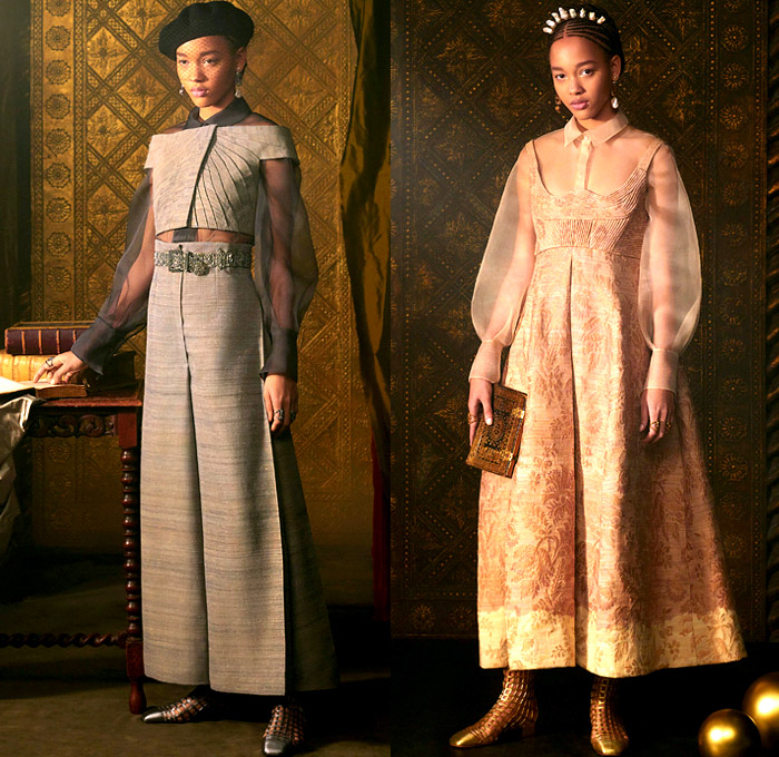 Christian Dior 2021 Spring Womens Collection - Haute Couture Avant Garde High Fashion - Tarot Cards Arcana Symbols 15th Century Visconti-Sforza Deck Bedazzled Trompe L'oeil Embroidery Rouleaux Tube Trim Sequins Beads Crystals Silk Satin Lamé Dévoré Velvet Chiffon Jacquard Brocade Tweed Gold Draped Chenille Sheer Tulle Gauze Latticework Vest Wide Sleeves Miniskirt Coat Robe Poncho Ruffles Cap Sleeve Wide Leg Dress Gown Flowers Fringes Pearls Pleats Beret Tiara Fishnet Veil Mesh Boots