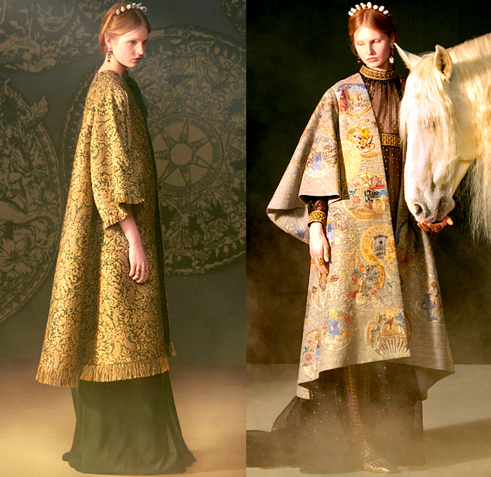 Christian Dior 2021 Spring Womens Collection - Haute Couture Avant Garde High Fashion - Tarot Cards Arcana Symbols 15th Century Visconti-Sforza Deck Bedazzled Trompe L'oeil Embroidery Rouleaux Tube Trim Sequins Beads Crystals Silk Satin Lamé Dévoré Velvet Chiffon Jacquard Brocade Tweed Gold Draped Chenille Sheer Tulle Gauze Latticework Vest Wide Sleeves Miniskirt Coat Robe Poncho Ruffles Cap Sleeve Wide Leg Dress Gown Flowers Fringes Pearls Pleats Beret Tiara Fishnet Veil Mesh Boots