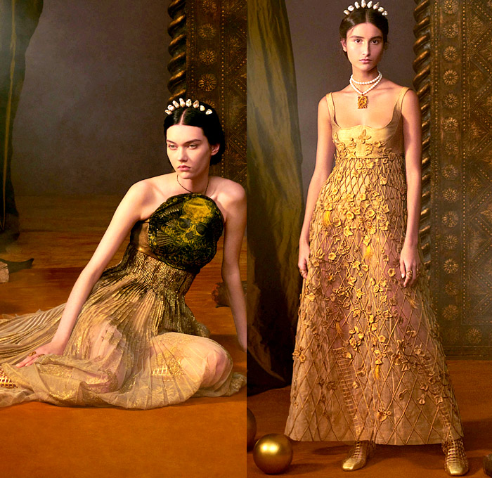 Christian Dior 2021 Spring Womens Collection - Haute Couture Avant Garde High Fashion - Tarot Cards Arcana Symbols 15th Century Visconti-Sforza Deck Bedazzled Trompe L'oeil Embroidery Rouleaux Tube Trim Sequins Beads Crystals Silk Satin Lamé Dévoré Velvet Chiffon Jacquard Brocade Tweed Gold Draped Chenille Sheer Tulle Gauze Latticework Vest Wide Sleeves Miniskirt Coat Robe Poncho Ruffles Cap Sleeve Wide Leg Dress Gown Flowers Fringes Pearls Pleats Beret Tiara Fishnet Veil Mesh Boots