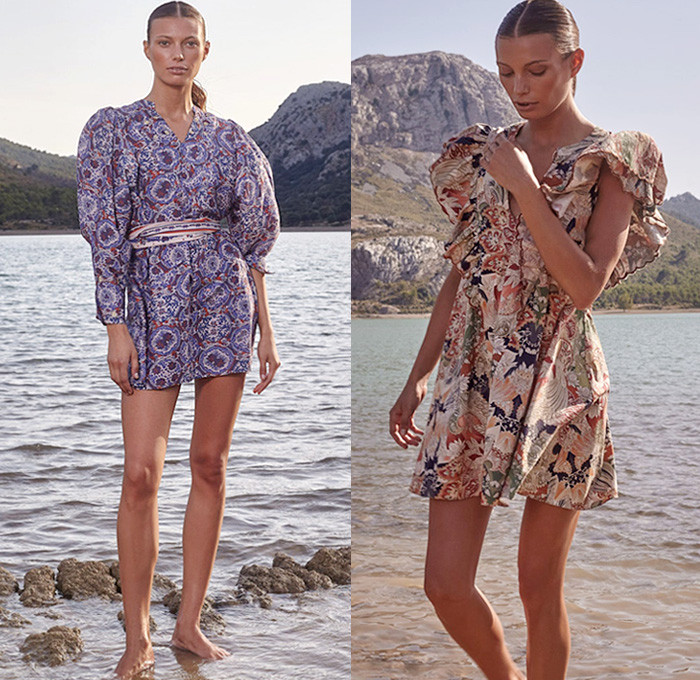 Chufy 2021 Spring Summer Womens Lookbook Presentation - New York Fashion Week NYFW - Sofia Sanchez de Betak - Myanmar Ethnic Tribal Buddhist Prints Decorative Art Ornaments Paisley Animals Flowers Floral Leaves Foliage Kimono Robe Prairie Damsel Dress Poufy Shoulders Puff Sleeves Noodle Strap Halterneck Crop Top Midriff Blouse Ruffles Cap Sleeve Jumpsuit Onesie Destroyed Destructed Denim Jeans Cutoffs Shorts Rope Sandals