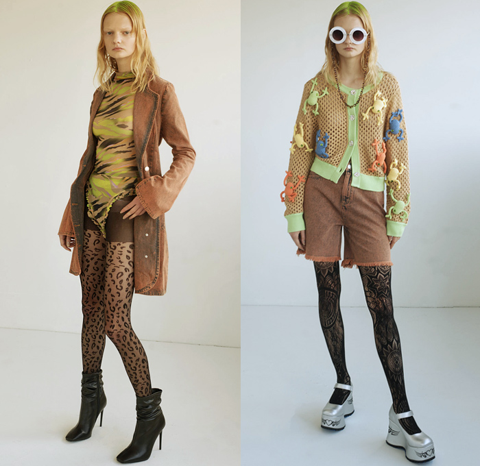 Colin LoCascio 2021 Spring Summer Womens Fashion Lookbook Presentation - Sun-Drenched Colored Rust Lime Denim Jeans Dress Onesie Romper Combishorts Unitard Furry Fringes Threads Long Sleeve Sweater Tiger Stripes Leopard Cheetah Frogs Chains Citrus Oranges Psychedelic Check Flowers Floral Fishnet Mesh Coat Jacket Knit Cardigan Lace Crochet Tiered Ruffles Skirt Leggings Tights Shorts Wide Leg Palazzo Pants Cargo Pockets Bikini Top Puff Sleeves Dress Platforms Elevator Shoes