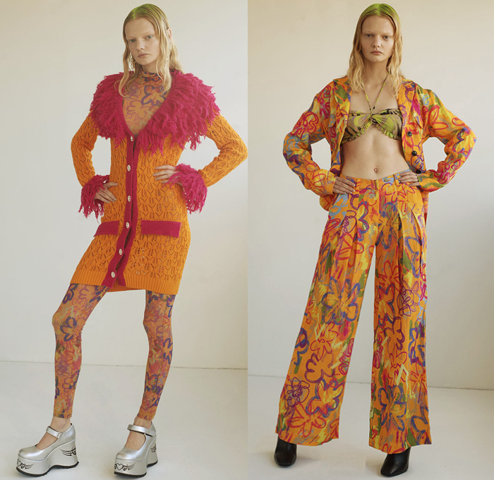 Colin LoCascio 2021 Spring Summer Womens Fashion Lookbook Presentation - Sun-Drenched Colored Rust Lime Denim Jeans Dress Onesie Romper Combishorts Unitard Furry Fringes Threads Long Sleeve Sweater Tiger Stripes Leopard Cheetah Frogs Chains Citrus Oranges Psychedelic Check Flowers Floral Fishnet Mesh Coat Jacket Knit Cardigan Lace Crochet Tiered Ruffles Skirt Leggings Tights Shorts Wide Leg Palazzo Pants Cargo Pockets Bikini Top Puff Sleeves Dress Platforms Elevator Shoes