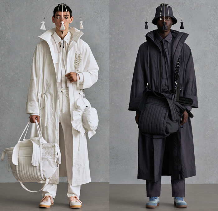 Craig Green 2021 Spring Summer Mens Lookbook Presentation - Fantasy Is Reality - Wireframe Flat Rods Skeletal Sculpture Geometric Trapezoid Bucket Hat Kite Camping Tent Khaki Sack Padded Quilted Puffer Cape Coat Field Safari Outdoorsman Jacket Hoodie Anorak Vest Gilet Duffel Backpack Fanny Pack Belt Bum Bag Waist Pouch Loops Rings Drawstring Straps Tote Slim Necktie Handbag Wide Leg Pants Sneakers Adidas Open Toe Boots Sandals