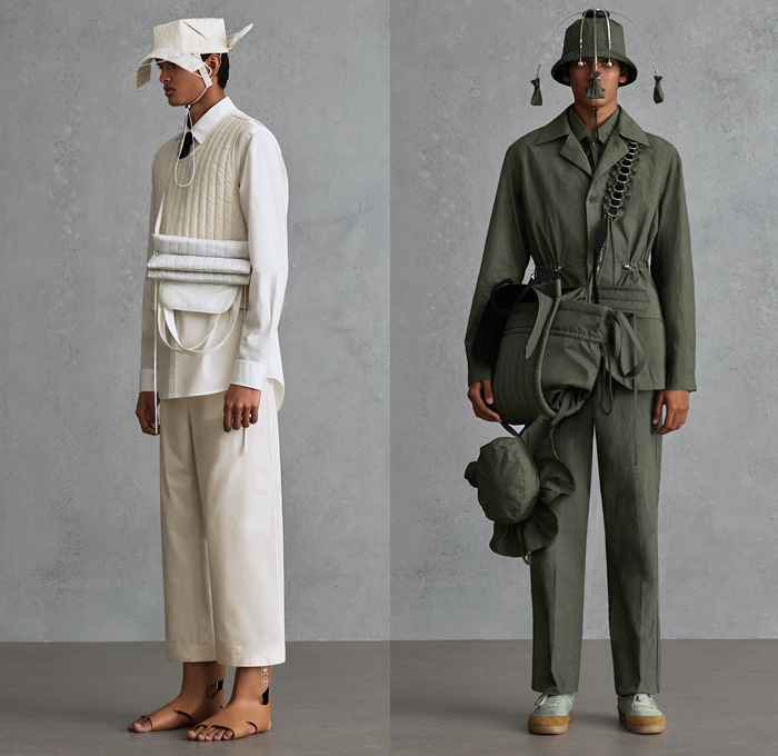 Craig Green 2021 Spring Summer Mens Lookbook Presentation - Fantasy Is Reality - Wireframe Flat Rods Skeletal Sculpture Geometric Trapezoid Bucket Hat Kite Camping Tent Khaki Sack Padded Quilted Puffer Cape Coat Field Safari Outdoorsman Jacket Hoodie Anorak Vest Gilet Duffel Backpack Fanny Pack Belt Bum Bag Waist Pouch Loops Rings Drawstring Straps Tote Slim Necktie Handbag Wide Leg Pants Sneakers Adidas Open Toe Boots Sandals