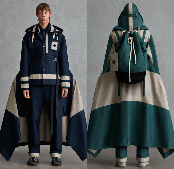 Craig Green 2021 Spring Summer Mens Lookbook Presentation - Fantasy Is Reality - Wireframe Flat Rods Skeletal Sculpture Geometric Trapezoid Bucket Hat Kite Camping Tent Khaki Sack Padded Quilted Puffer Cape Coat Field Safari Outdoorsman Jacket Hoodie Anorak Vest Gilet Duffel Backpack Fanny Pack Belt Bum Bag Waist Pouch Loops Rings Drawstring Straps Tote Slim Necktie Handbag Wide Leg Pants Sneakers Adidas Open Toe Boots Sandals