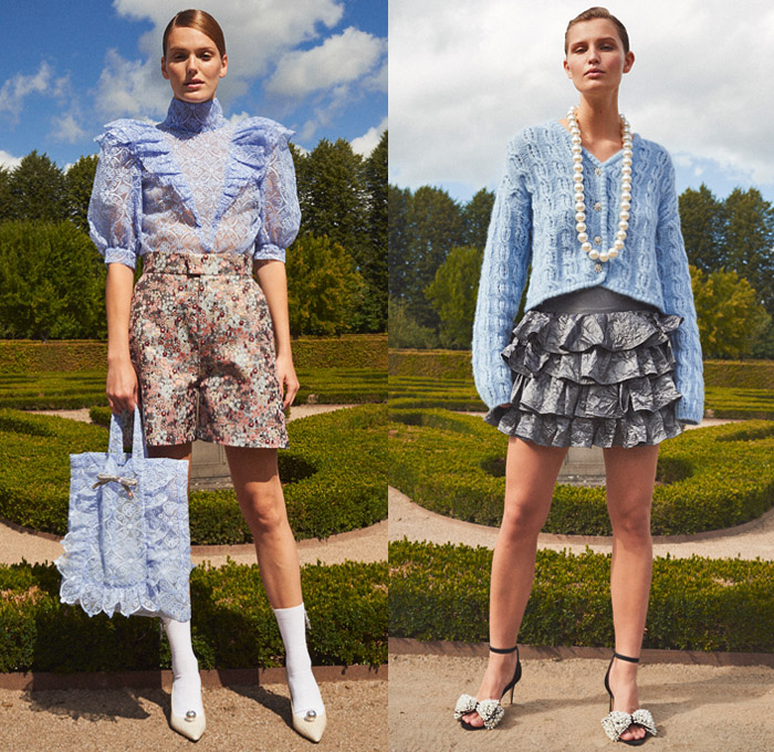 Custommade 2021 Spring Summer Womens Lookbook Presentation - Copenhagen Fashion Week Denmark CPHFW København - Turtleneck Tiered Ruffles Butterfly Wings Sheer Tulle Lace Embroidery Ornamental Decorative Art Blouse Poufy Shoulders Puff Sleeves Knit Weave Braid Sweater Pearls Prairie Shift Dress Peter Pan Collar Bedazzled Beads Pinstripe Vestdress Pantsuit Blazer Tweed Flowers Floral Shorts Miniskirt Handbag Tote Pearls Heels