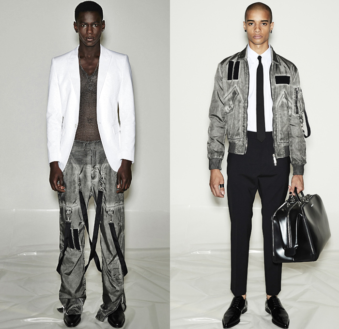 Dsquared2 2021 Spring Summer Mens Lookbook Presentation - Milan Fashion Week - Paint Splatter Denim Jeans Panels Patchwork Leather Straps Belts Coat Blazer Mesh Chainmail Aviator Jacket Military Fatigues Tank Top Bedazzled Sequins Metal Studs Zebra Lace Embroidery Vest Cargo Utility Pockets Nylon Onesie Jumpsuit Coveralls Boiler Suit Parachute Pants Zipper Doctor's Bag Duffel Clutch Sandals