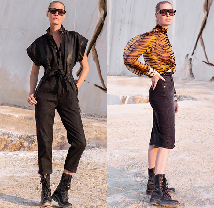 Dundas 2021 Spring Summer Womens Lookbook Presentation - Mode à Paris Fashion Week France - Marble Quarry Naxos Island Greece Athleisure Activewear Crop Top Midriff Butterflies Animal Stripes Zebra Spots Tiles Denim Jeans Onesie Jumpsuit Coveralls Sheer Chiffon Blouse Babydoll One Shoulder Maxi Dress Ruffles Tiered Handkerchief Mullet High-Low Hem Poufy Shoulders Polka Dots Lace Embroidery Under Garment Loungewear Sleepwear Intimates Lace Up Military Boots