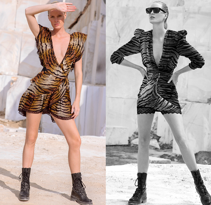 Dundas 2021 Spring Summer Womens Lookbook Presentation - Mode à Paris Fashion Week France - Marble Quarry Naxos Island Greece Athleisure Activewear Crop Top Midriff Butterflies Animal Stripes Zebra Spots Tiles Denim Jeans Onesie Jumpsuit Coveralls Sheer Chiffon Blouse Babydoll One Shoulder Maxi Dress Ruffles Tiered Handkerchief Mullet High-Low Hem Poufy Shoulders Polka Dots Lace Embroidery Under Garment Loungewear Sleepwear Intimates Lace Up Military Boots