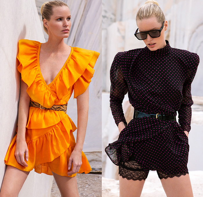 Dundas 2021 Spring Summer Womens Lookbook Presentation - Mode à Paris Fashion Week France - Marble Quarry Naxos Island Greece Athleisure Activewear Crop Top Midriff Butterflies Animal Stripes Zebra Spots Tiles Denim Jeans Onesie Jumpsuit Coveralls Sheer Chiffon Blouse Babydoll One Shoulder Maxi Dress Ruffles Tiered Handkerchief Mullet High-Low Hem Poufy Shoulders Polka Dots Lace Embroidery Under Garment Loungewear Sleepwear Intimates Lace Up Military Boots