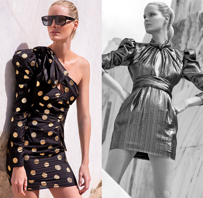 Dundas 2021 Spring Summer Womens Lookbook Presentation - Mode à Paris Fashion Week France - Marble Quarry Naxos Island Greece Athleisure Activewear Crop Top Midriff Butterflies Animal Stripes Zebra Spots Tiles Denim Jeans Onesie Jumpsuit Coveralls Sheer Chiffon Blouse Babydoll One Shoulder Maxi Dress Ruffles Tiered Handkerchief Mullet High-Low Hem Poufy Shoulders Polka Dots Lace Embroidery Under Garment Loungewear Sleepwear Intimates Lace Up Military Boots