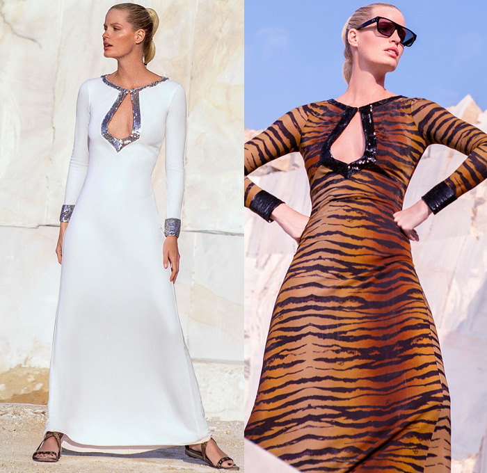 Dundas 2021 Spring Summer Womens Lookbook Presentation - Mode à Paris Fashion Week France - Marble Quarry Naxos Island Greece Athleisure Activewear Crop Top Midriff Butterflies Animal Stripes Zebra Spots Tiles Denim Jeans Onesie Jumpsuit Coveralls Sheer Chiffon Blouse Babydoll One Shoulder Maxi Dress Ruffles Tiered Handkerchief Mullet High-Low Hem Poufy Shoulders Polka Dots Lace Embroidery Under Garment Loungewear Sleepwear Intimates Lace Up Military Boots