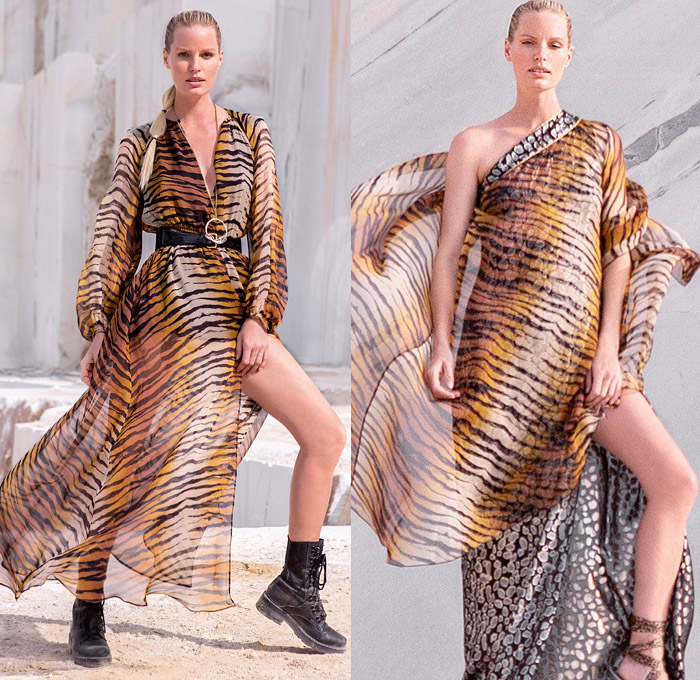 Dundas 2021 Spring Summer Womens Lookbook Presentation - Mode à Paris Fashion Week France - Marble Quarry Naxos Island Greece Athleisure Activewear Crop Top Midriff Butterflies Animal Stripes Zebra Spots Tiles Denim Jeans Onesie Jumpsuit Coveralls Sheer Chiffon Blouse Babydoll One Shoulder Maxi Dress Ruffles Tiered Handkerchief Mullet High-Low Hem Poufy Shoulders Polka Dots Lace Embroidery Under Garment Loungewear Sleepwear Intimates Lace Up Military Boots