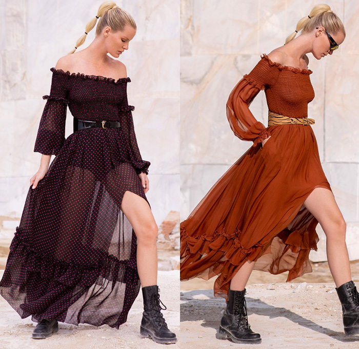 Dundas 2021 Spring Summer Womens Lookbook Presentation - Mode à Paris Fashion Week France - Marble Quarry Naxos Island Greece Athleisure Activewear Crop Top Midriff Butterflies Animal Stripes Zebra Spots Tiles Denim Jeans Onesie Jumpsuit Coveralls Sheer Chiffon Blouse Babydoll One Shoulder Maxi Dress Ruffles Tiered Handkerchief Mullet High-Low Hem Poufy Shoulders Polka Dots Lace Embroidery Under Garment Loungewear Sleepwear Intimates Lace Up Military Boots