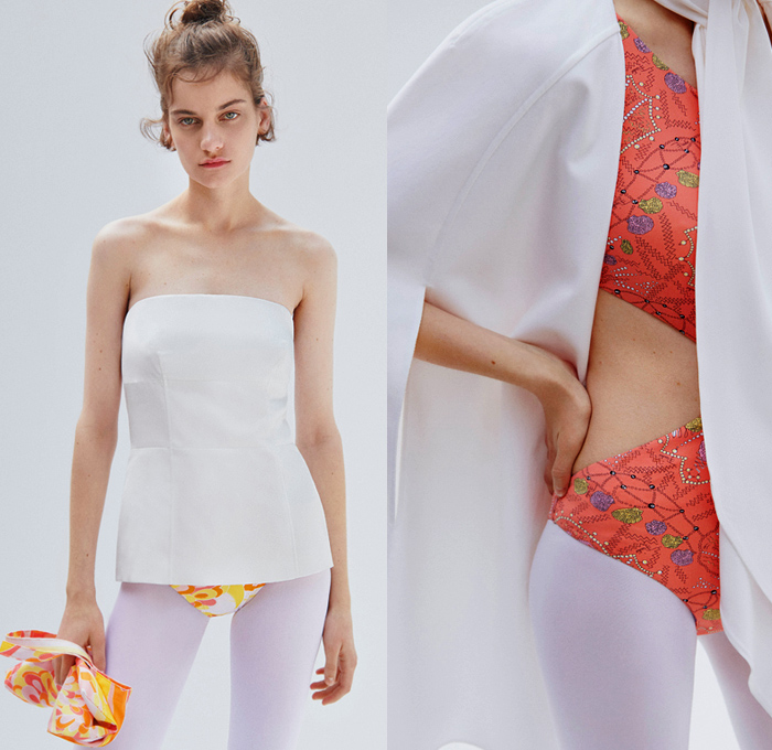 Emilio Pucci 2021 Spring Summer Womens Lookbook Presentation - Milano Moda Donna Collezione Milan Fashion Week Italy - Tomo Koizumi - Sulla Riva - 1960s Sixties Mod Strapless Crop Top Midriff Bandeau Cape Hanging Sleeve Seashells Mermaid Beads Long Sleeve Blouse Turtleneck Scarf Flames Swirls Ruffles Tiered Noodle Strap Dress Halterneck Pleats Flowers Floral Ribbons Sheer Tulle Midi Skirt Leggings Tights Hotpants Shorts Loungewear Wide Leg Pants Gladiator Sandals