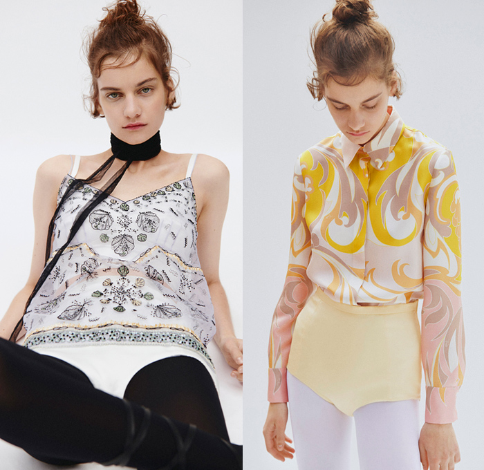 Emilio Pucci 2021 Spring Summer Womens Lookbook Presentation - Milano Moda Donna Collezione Milan Fashion Week Italy - Tomo Koizumi - Sulla Riva - 1960s Sixties Mod Strapless Crop Top Midriff Bandeau Cape Hanging Sleeve Seashells Mermaid Beads Long Sleeve Blouse Turtleneck Scarf Flames Swirls Ruffles Tiered Noodle Strap Dress Halterneck Pleats Flowers Floral Ribbons Sheer Tulle Midi Skirt Leggings Tights Hotpants Shorts Loungewear Wide Leg Pants Gladiator Sandals