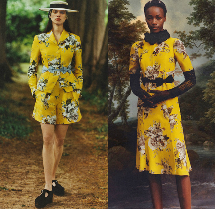 Erdem Moralıoğlu 2021 Resort Cruise Pre-Spring Womens Lookbook Presentation - Bucket Hat Veil Pantsuit Blazer Jacquard Brocade Bows Ribbons Loungewear Ruffles Ornaments Decorative Art Paisley Flowers Floral Leaves Foliage Damsel Prairie Babydoll Dress Cape Gown Opera Gloves Shorts Butterfly Poufy Shoulders Leg O'Mutton Lanyard Pouch Furisode Draped Sleeves Skirt Sheer Tulle Bedazzled Crystals Embroidery Clutch Handbag