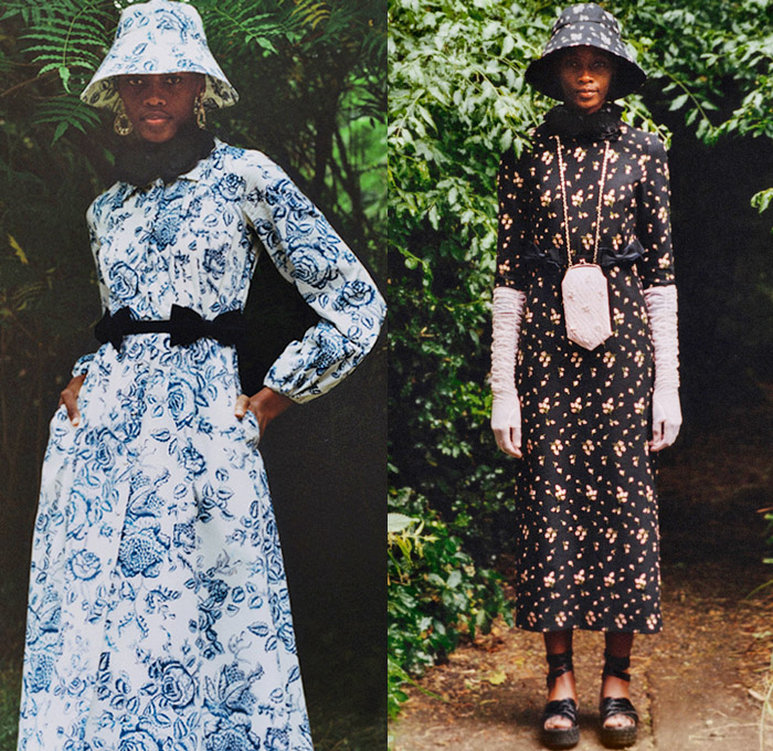 Erdem Moralıoğlu 2021 Resort Cruise Pre-Spring Womens Lookbook Presentation - Bucket Hat Veil Pantsuit Blazer Jacquard Brocade Bows Ribbons Loungewear Ruffles Ornaments Decorative Art Paisley Flowers Floral Leaves Foliage Damsel Prairie Babydoll Dress Cape Gown Opera Gloves Shorts Butterfly Poufy Shoulders Leg O'Mutton Lanyard Pouch Furisode Draped Sleeves Skirt Sheer Tulle Bedazzled Crystals Embroidery Clutch Handbag