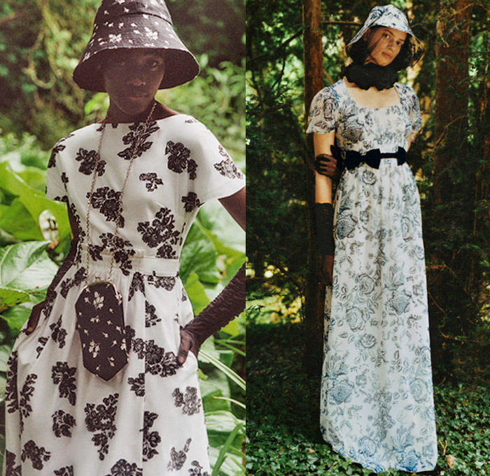 Erdem Moralıoğlu 2021 Resort Cruise Pre-Spring Womens Lookbook Presentation - Bucket Hat Veil Pantsuit Blazer Jacquard Brocade Bows Ribbons Loungewear Ruffles Ornaments Decorative Art Paisley Flowers Floral Leaves Foliage Damsel Prairie Babydoll Dress Cape Gown Opera Gloves Shorts Butterfly Poufy Shoulders Leg O'Mutton Lanyard Pouch Furisode Draped Sleeves Skirt Sheer Tulle Bedazzled Crystals Embroidery Clutch Handbag