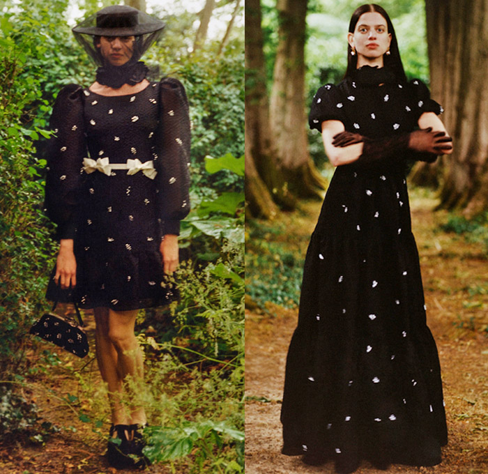 Erdem Moralıoğlu 2021 Resort Cruise Pre-Spring Womens Lookbook Presentation - Bucket Hat Veil Pantsuit Blazer Jacquard Brocade Bows Ribbons Loungewear Ruffles Ornaments Decorative Art Paisley Flowers Floral Leaves Foliage Damsel Prairie Babydoll Dress Cape Gown Opera Gloves Shorts Butterfly Poufy Shoulders Leg O'Mutton Lanyard Pouch Furisode Draped Sleeves Skirt Sheer Tulle Bedazzled Crystals Embroidery Clutch Handbag