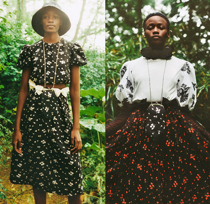 Erdem Moralıoğlu 2021 Resort Cruise Pre-Spring Womens Lookbook Presentation - Bucket Hat Veil Pantsuit Blazer Jacquard Brocade Bows Ribbons Loungewear Ruffles Ornaments Decorative Art Paisley Flowers Floral Leaves Foliage Damsel Prairie Babydoll Dress Cape Gown Opera Gloves Shorts Butterfly Poufy Shoulders Leg O'Mutton Lanyard Pouch Furisode Draped Sleeves Skirt Sheer Tulle Bedazzled Crystals Embroidery Clutch Handbag