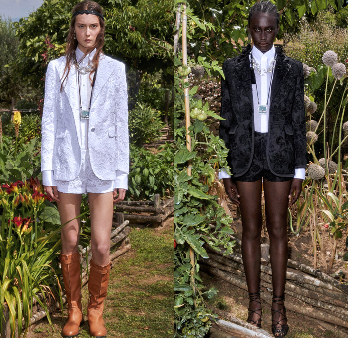 Ermanno Scervino 2021 Resort Cruise Pre-Spring Womens Lookbook Presentation - Tuscany Villa Botanical Garden Bohemian Boho Chic Sheer Tulle Chiffon Mesh Chantilly Lace Intarsia Needlework Eyelets Embroidery Tribal Decorative Art Long Sleeve Blouse Stripes Brocade Jacquard Blazer Pantsuit Shirtdress Strapless Prairie Dress Denim Jeans Cutoffs Shorts Head Scarf Chain Tiger Stripes Coat Basket Handbag Gladiators Boots Bedazzled Jewels Gems Crystals Sequins Studs Lanyard Purse