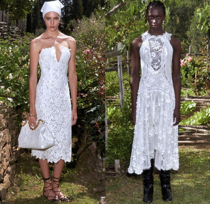 Ermanno Scervino 2021 Resort Cruise Pre-Spring Womens Lookbook Presentation - Tuscany Villa Botanical Garden Bohemian Boho Chic Sheer Tulle Chiffon Mesh Chantilly Lace Intarsia Needlework Eyelets Embroidery Tribal Decorative Art Long Sleeve Blouse Stripes Brocade Jacquard Blazer Pantsuit Shirtdress Strapless Prairie Dress Denim Jeans Cutoffs Shorts Head Scarf Chain Tiger Stripes Coat Basket Handbag Gladiators Boots Bedazzled Jewels Gems Crystals Sequins Studs Lanyard Purse