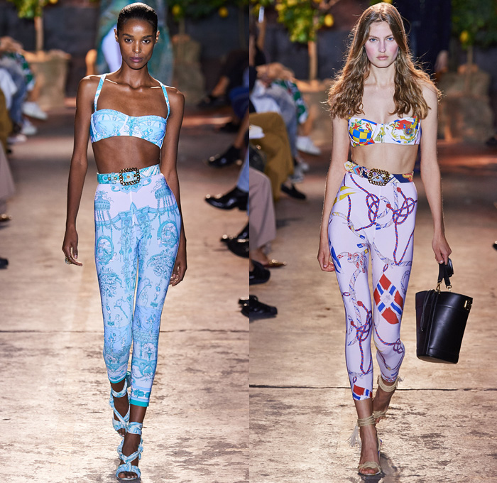 Etro 2021 Spring Summer Womens Runway Catwalk Looks Collection - Milano Moda Donna Collezione Milan Fashion Week Italy - 1990s Nineties Archival Bandiere da Parata Trionfi e Soffitti Silk Foulard Print Pegasus Triton Logo Italian Mediterranean Riviera Ornaments Decorative Art Chandelier Clocks Jesters Parade Flags Crop Top Midriff Knit Vest Stripes Blouse Dress Denim Jeans Cutoffs Shorts Leggings Shirtdress Ruffles Noodle Strap Swimwear Bikini Rope Sandals Basket Handbag