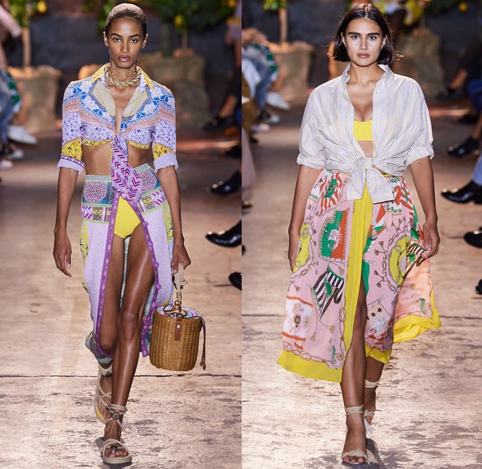 Etro 2021 Spring Summer Womens Runway Catwalk Looks Collection - Milano Moda Donna Collezione Milan Fashion Week Italy - 1990s Nineties Archival Bandiere da Parata Trionfi e Soffitti Silk Foulard Print Pegasus Triton Logo Italian Mediterranean Riviera Ornaments Decorative Art Chandelier Clocks Jesters Parade Flags Crop Top Midriff Knit Vest Stripes Blouse Dress Denim Jeans Cutoffs Shorts Leggings Shirtdress Ruffles Noodle Strap Swimwear Bikini Rope Sandals Basket Handbag