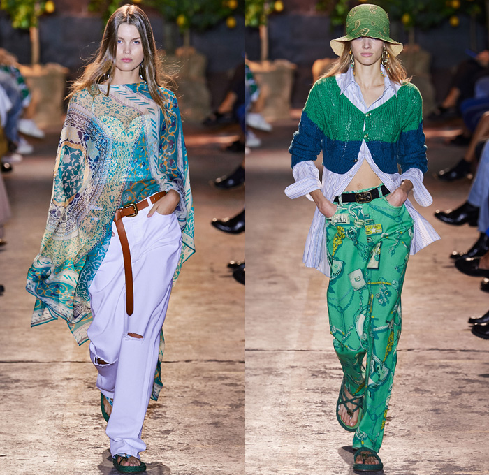 Etro 2021 Spring Summer Womens Runway Catwalk Looks Collection - Milano Moda Donna Collezione Milan Fashion Week Italy - 1990s Nineties Archival Bandiere da Parata Trionfi e Soffitti Silk Foulard Print Pegasus Triton Logo Italian Mediterranean Riviera Ornaments Decorative Art Chandelier Clocks Jesters Parade Flags Crop Top Midriff Knit Vest Stripes Blouse Dress Denim Jeans Cutoffs Shorts Leggings Shirtdress Ruffles Noodle Strap Swimwear Bikini Rope Sandals Basket Handbag