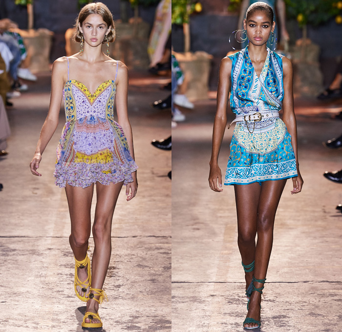 Etro 2021 Spring Summer Womens Runway Catwalk Looks Collection - Milano Moda Donna Collezione Milan Fashion Week Italy - 1990s Nineties Archival Bandiere da Parata Trionfi e Soffitti Silk Foulard Print Pegasus Triton Logo Italian Mediterranean Riviera Ornaments Decorative Art Chandelier Clocks Jesters Parade Flags Crop Top Midriff Knit Vest Stripes Blouse Dress Denim Jeans Cutoffs Shorts Leggings Shirtdress Ruffles Noodle Strap Swimwear Bikini Rope Sandals Basket Handbag