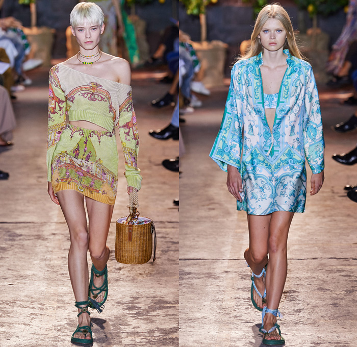 Etro 2021 Spring Summer Womens Runway Catwalk Looks Collection - Milano Moda Donna Collezione Milan Fashion Week Italy - 1990s Nineties Archival Bandiere da Parata Trionfi e Soffitti Silk Foulard Print Pegasus Triton Logo Italian Mediterranean Riviera Ornaments Decorative Art Chandelier Clocks Jesters Parade Flags Crop Top Midriff Knit Vest Stripes Blouse Dress Denim Jeans Cutoffs Shorts Leggings Shirtdress Ruffles Noodle Strap Swimwear Bikini Rope Sandals Basket Handbag