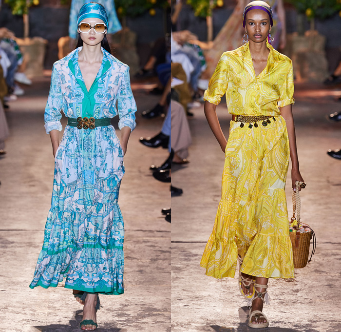 Etro 2021 Spring Summer Womens Runway Catwalk Looks Collection - Milano Moda Donna Collezione Milan Fashion Week Italy - 1990s Nineties Archival Bandiere da Parata Trionfi e Soffitti Silk Foulard Print Pegasus Triton Logo Italian Mediterranean Riviera Ornaments Decorative Art Chandelier Clocks Jesters Parade Flags Crop Top Midriff Knit Vest Stripes Blouse Dress Denim Jeans Cutoffs Shorts Leggings Shirtdress Ruffles Noodle Strap Swimwear Bikini Rope Sandals Basket Handbag