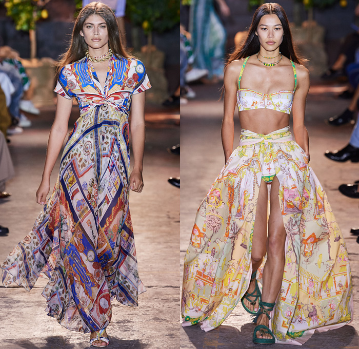 Etro 2021 Spring Summer Womens Runway Catwalk Looks Collection - Milano Moda Donna Collezione Milan Fashion Week Italy - 1990s Nineties Archival Bandiere da Parata Trionfi e Soffitti Silk Foulard Print Pegasus Triton Logo Italian Mediterranean Riviera Ornaments Decorative Art Chandelier Clocks Jesters Parade Flags Crop Top Midriff Knit Vest Stripes Blouse Dress Denim Jeans Cutoffs Shorts Leggings Shirtdress Ruffles Noodle Strap Swimwear Bikini Rope Sandals Basket Handbag