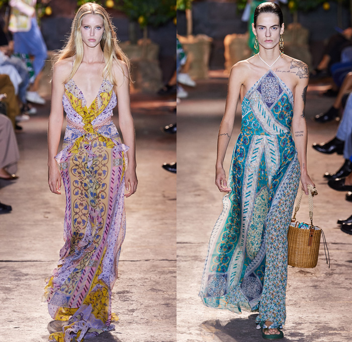 Etro 2021 Spring Summer Womens Runway Catwalk Looks Collection - Milano Moda Donna Collezione Milan Fashion Week Italy - 1990s Nineties Archival Bandiere da Parata Trionfi e Soffitti Silk Foulard Print Pegasus Triton Logo Italian Mediterranean Riviera Ornaments Decorative Art Chandelier Clocks Jesters Parade Flags Crop Top Midriff Knit Vest Stripes Blouse Dress Denim Jeans Cutoffs Shorts Leggings Shirtdress Ruffles Noodle Strap Swimwear Bikini Rope Sandals Basket Handbag