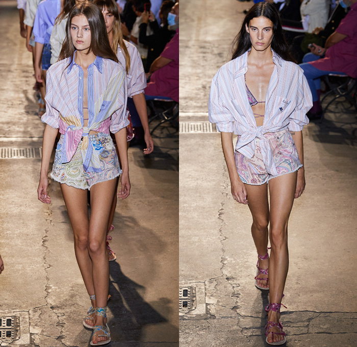 Etro 2021 Spring Summer Womens Runway Catwalk Looks Collection - Milano Moda Donna Collezione Milan Fashion Week Italy - 1990s Nineties Archival Bandiere da Parata Trionfi e Soffitti Silk Foulard Print Pegasus Triton Logo Italian Mediterranean Riviera Ornaments Decorative Art Chandelier Clocks Jesters Parade Flags Crop Top Midriff Knit Vest Stripes Blouse Dress Denim Jeans Cutoffs Shorts Leggings Shirtdress Ruffles Noodle Strap Swimwear Bikini Rope Sandals Basket Handbag