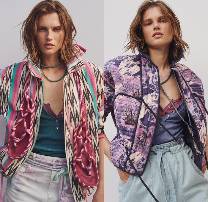Isabel Marant Étoile 2021 Spring Summer Womens Lookbook Presentation - Retro Faded Paint Stains Ink Dye Denim Jeans Poufy Shoulders Puff Sleeves Boxy Coat Fur Shearling Rope Waist Tribal Ikat Print Jacket Windbreaker Anorak Quilted Puffer Cap Sleeve Flowers Floral High Waist Paper Bag Shorts Long Sleeve Blouse Beachwear Swimsuit Bikini Knit Mohair Braid Weave Chunky Sweater Pullover Check Shift Dress Sandals Cowgirl Boots Sailor Bucket Hat