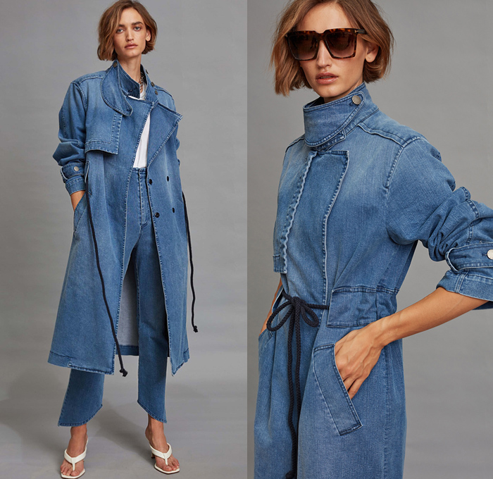 Federica Tosi 2021 Spring Summer Womens Lookbook Presentation - Denim Jeans Trench Coat Poufy Puff Bell Sleeves One Shoulder Strapless Tiered Ruffles Lace Embroidery Eyelets Holes Mesh Sleeveless Pads Kimono Robe Blouse Draped Silk Satin Detachable Vest Knit Sweater Tie Up Back Fern Pattern Pantsuit Blazer Shirtdress Onesie Dress Gown Rope Chain Noodle Strap Accordion Pleats Paper Bag Waist Cutoffs Shorts Culottes Wrap Skirt Wide Leg